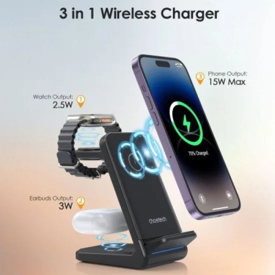 Choetech 3In1 Wireless Charging With Removable Iwatch Charger Holder Black
